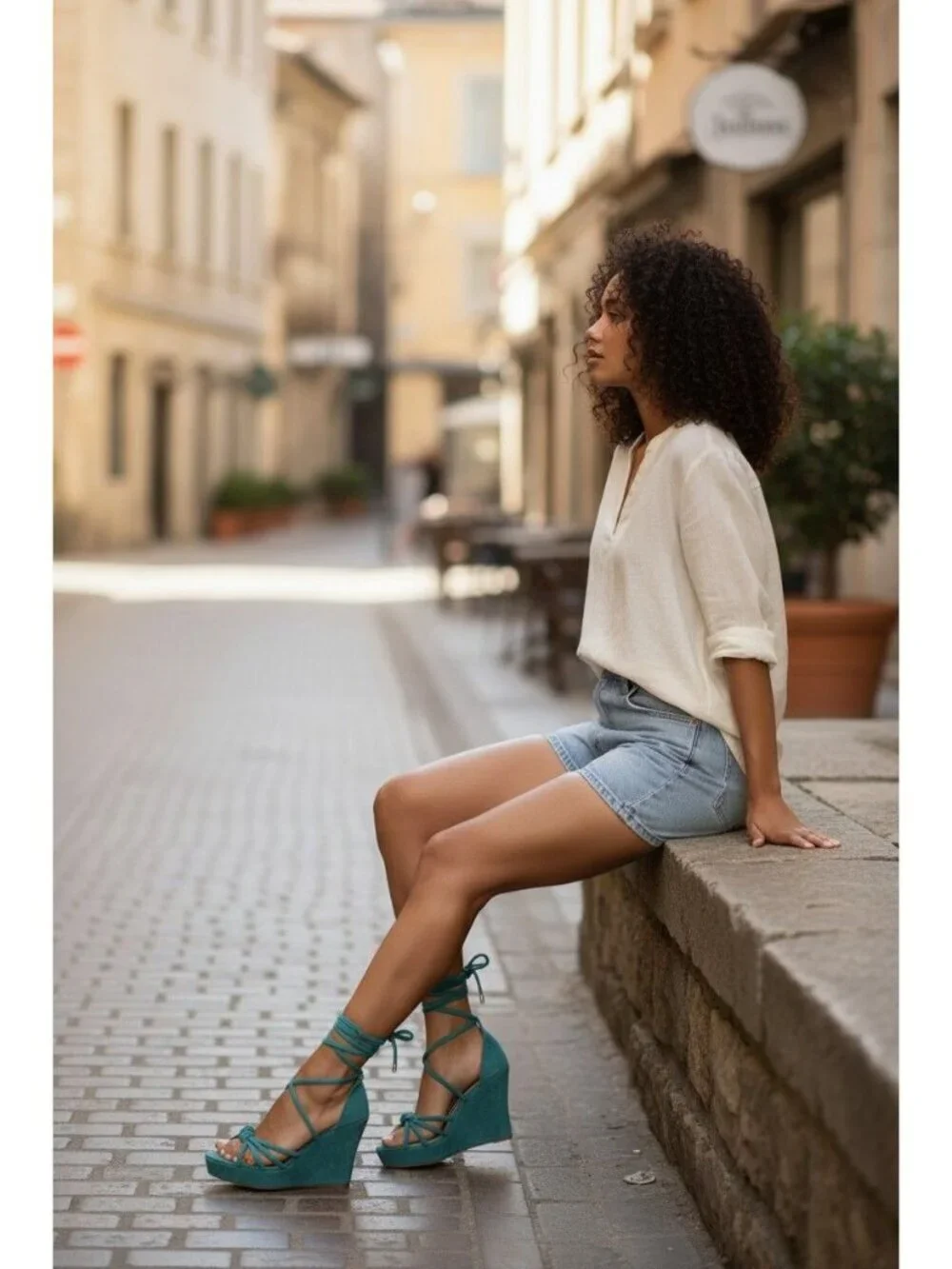 Lioliana Suede Lace-Up Platform Wedge Sandals Teal Blue Size 8
